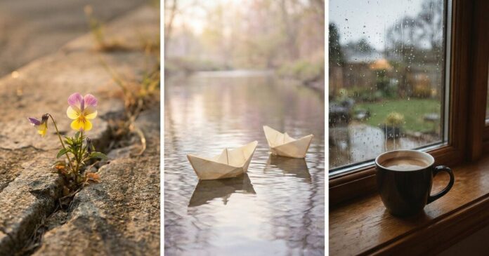 Triptych of resilience and reflection: a wildflower blooming through cracked pavement, paper boats floating on calm water, and a coffee cup on a rainy windowsill — themes of self-love and spiritual growth