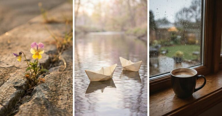 Triptych of resilience and reflection: a wildflower blooming through cracked pavement, paper boats floating on calm water, and a coffee cup on a rainy windowsill — themes of self-love and spiritual growth