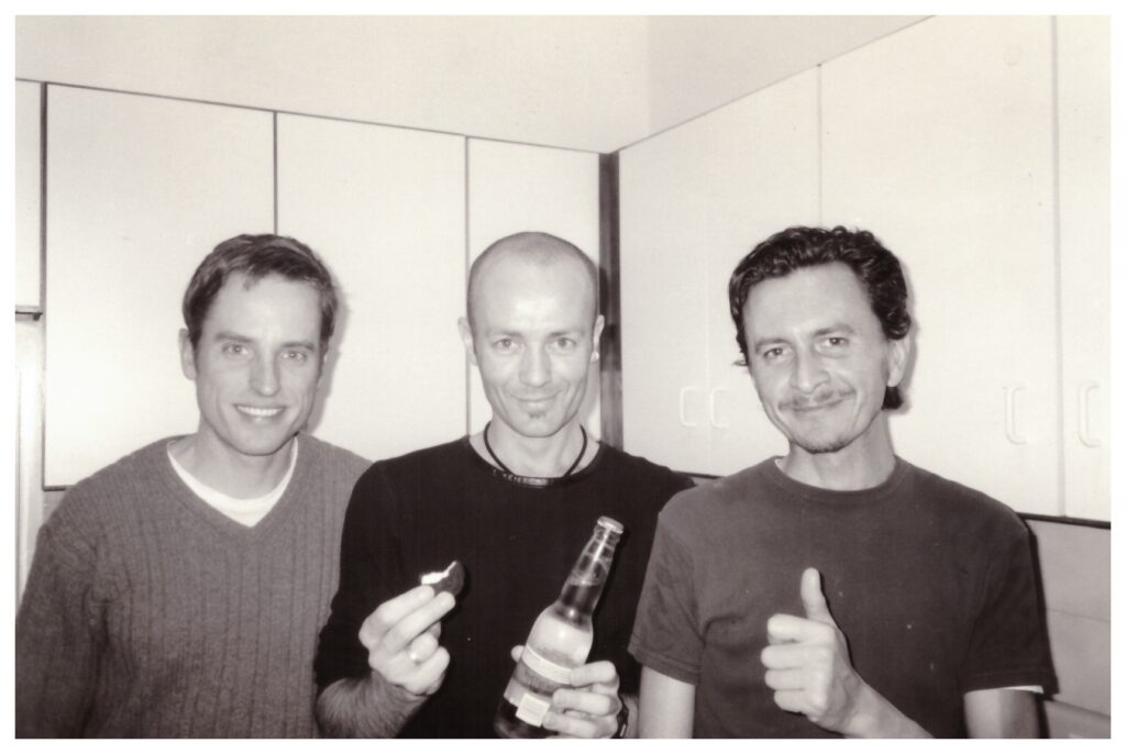 Pictured in b&w: Chad Courtney, Matthew Curlewis, Michael Fischer, early 2000s. Michael also died, in New York, not many months after Chad – killed outright in a rollerblading accident