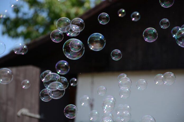 Soap bubbles drifting in front of a dark barn wall with green leaves behind them, an image for being married to a neurotypical.